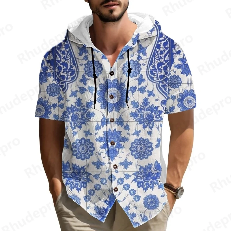 

National Style Men Summer Hooded Shirt Casual 2025 Button Down Short Sleeve Hoodies Tops For Beach Vacation Streetwear