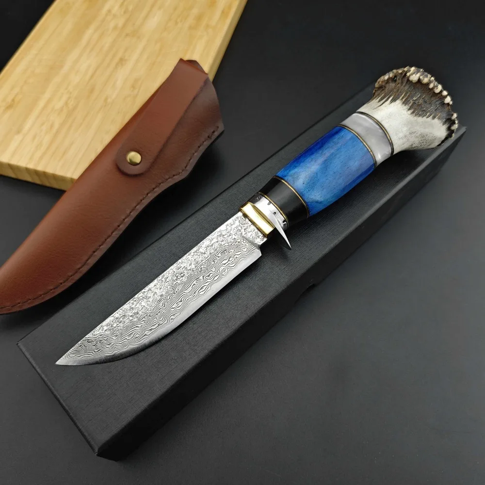 Damascus steel blade antler ox bone splice handle with cowhide sheath Outdoor camping EDC tactical hunting self-defense knife