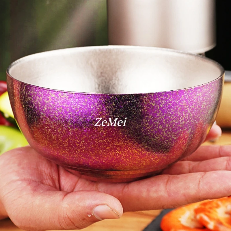 1Pcs Pure Titanium Double-Layer Bowl,450 ml Threaded Texture Drop-Proof Heat-Resistant Home Rice Bowl Food Tableware,Kitchenware