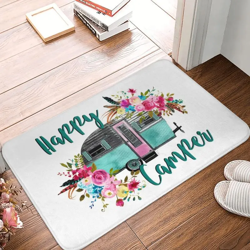 Custom Happy Camper Travel Car Doormat Mat Anti-Slip Vintage RV Camping Trailer Bathroom Kitchen Bedroom Rug Carpet 40*60cm