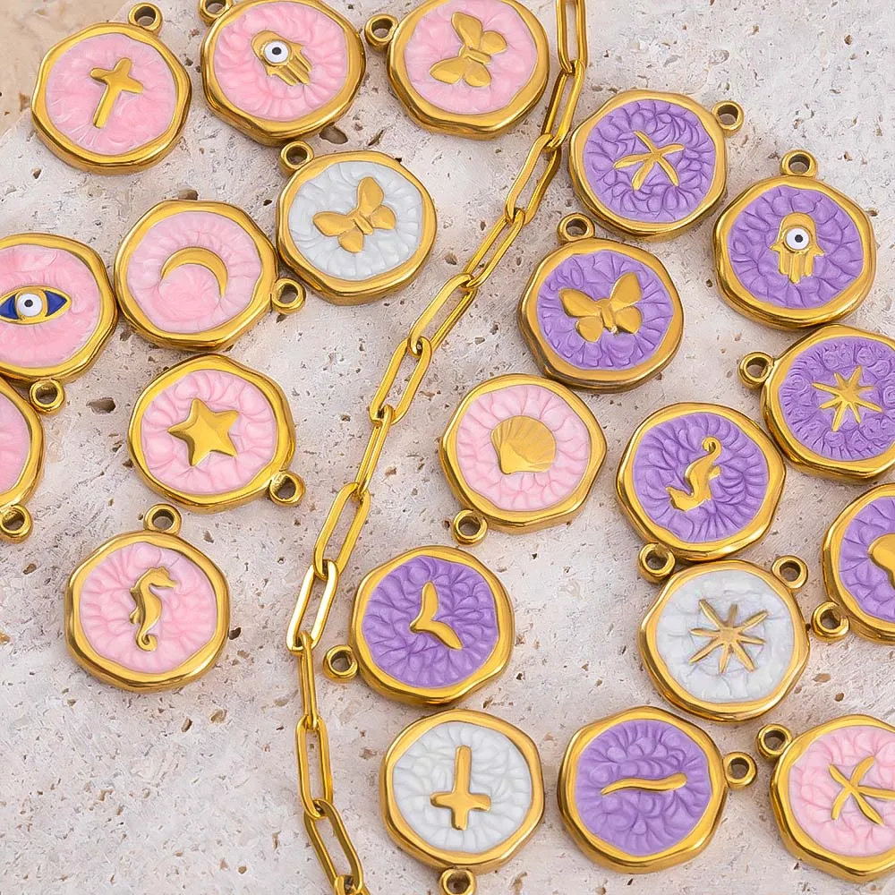 8pcs Stainless Steel Purple Pink Enamel Heart Eye Sun Moon Round Pendants for DIY Bracelet Earring Necklace Jewelry Findings