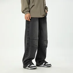 Men's Casual Jeans Drawstring Elastic Waist Straight Denim Wide Leg Pants Light Comfy Trousers Blue Black
