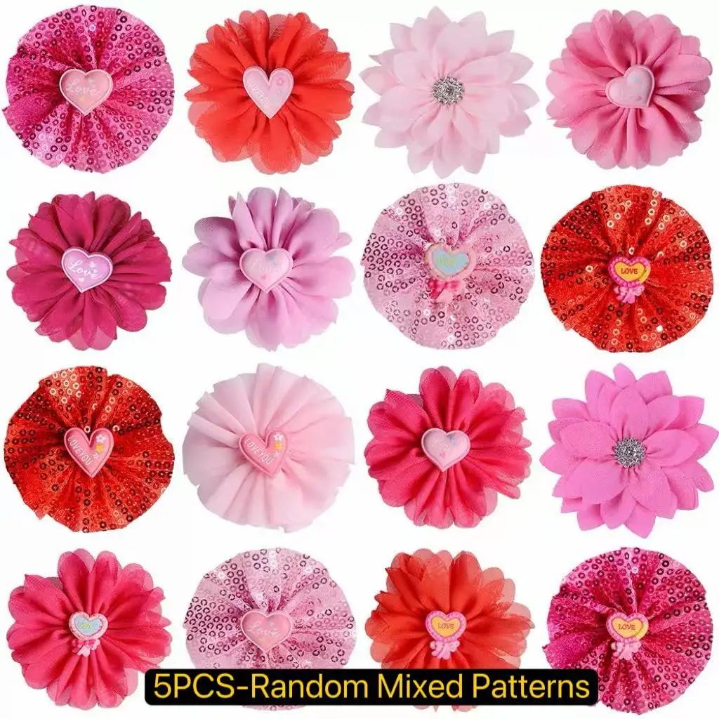 

5 шт. 9-сантиметровых шифоновых 3D-цветочных украшений – блестящий дизайн «Сердце и любовь» с эластичной петлей для ошейников для животных, головных уборов, сумок и обуви