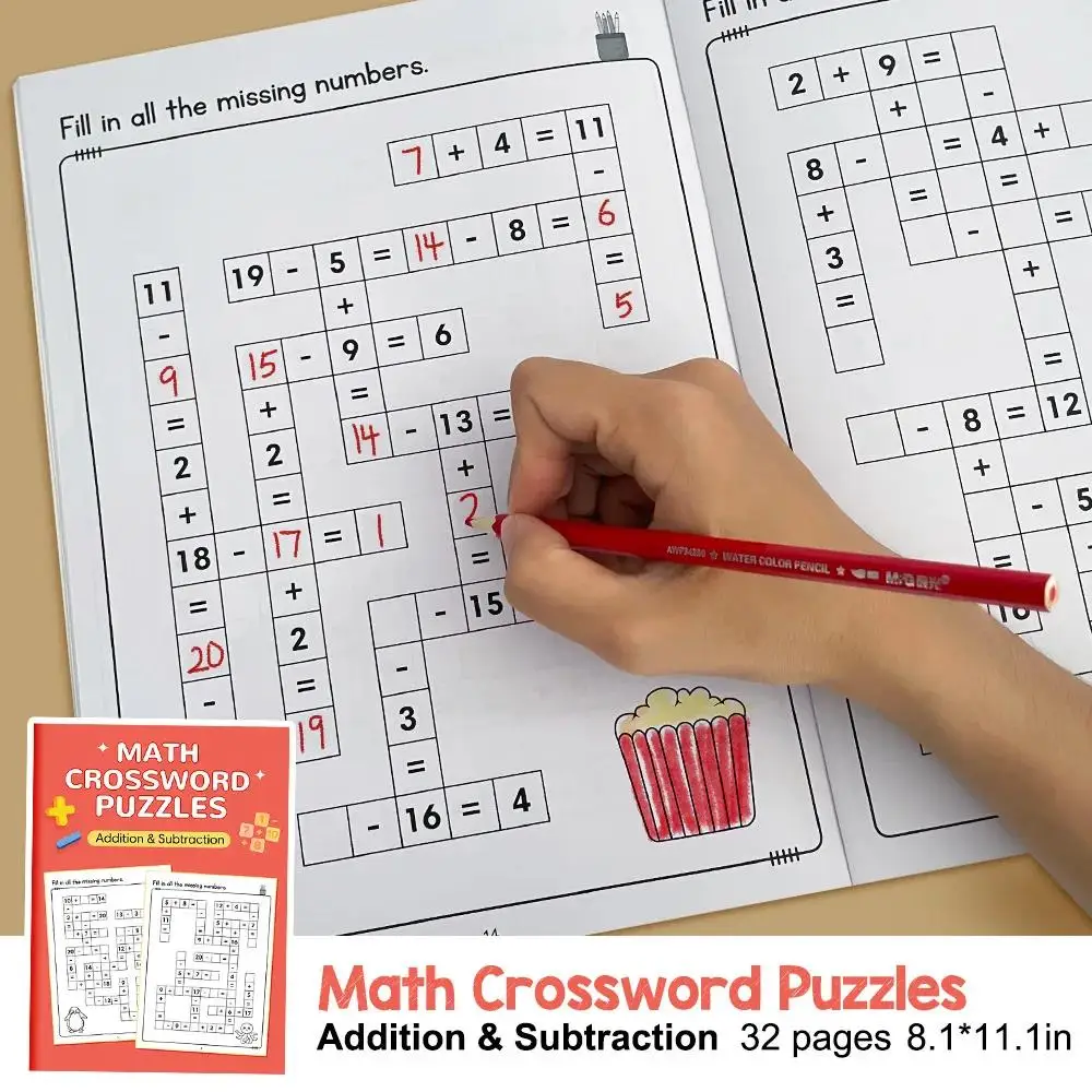 Image 4: Cahier d'exercices Montessori pour enfants sur les puzzles de mots croisés mathématiques 5-8, Addition, soustraction, multiplication, division