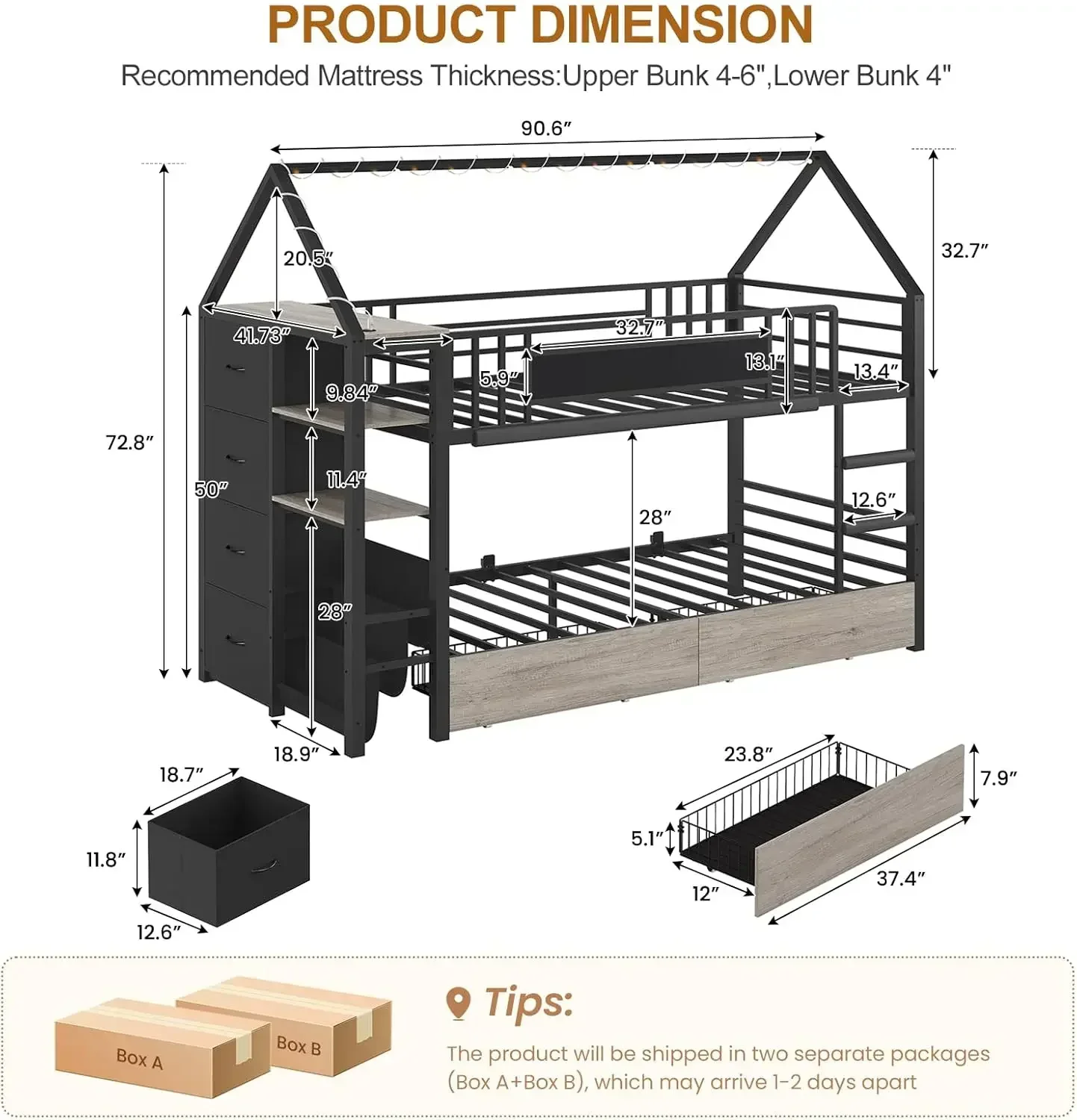 Twin Over Twin Metal Bunk Bed With Storage Drawers Globe String Lights House Shaped Low Montessori Bookshelf Ladder Guardrail Sp