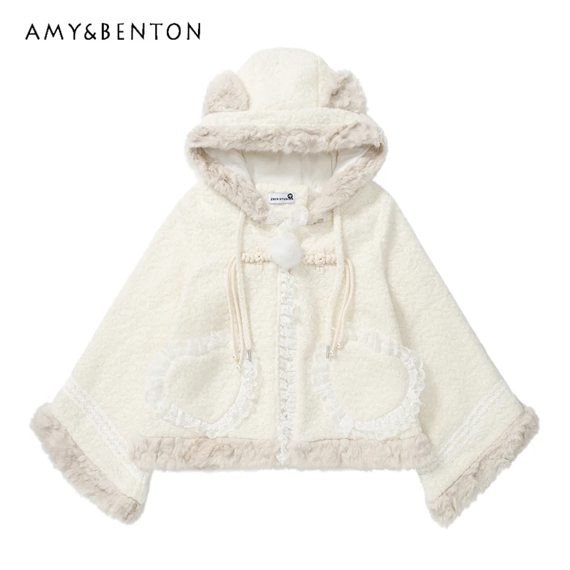 

Sweet Princess Bunny Ear Hooded Cape Coat Japanese Sweet Soft Plush Cat Ear Coat for Women Autumn Winter Cute Cotton Jacket