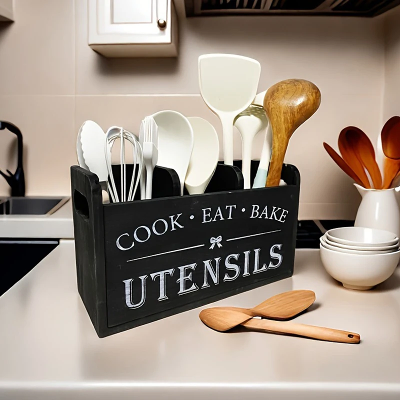 

1pc Kitchen With Compartmentalized Cutlery Storage Rack, Rustic Style Wooden Countertop Organizer, Kitchenware Accessories