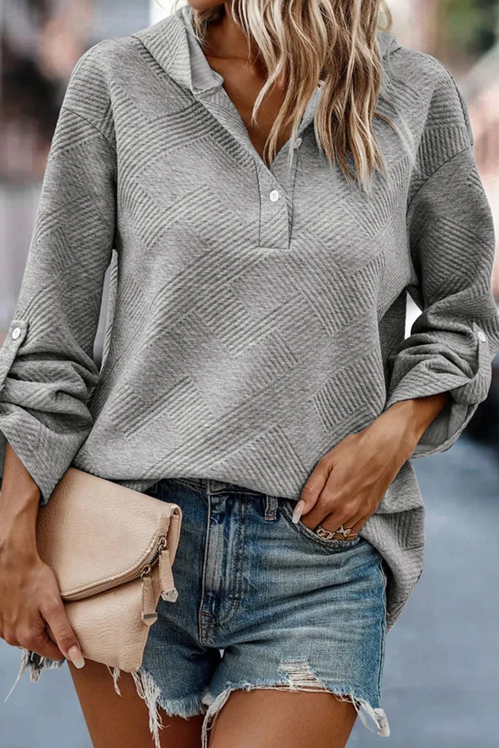 Women Quilted Textured Hoodie Henley Collar Button Long Sleeve Sweatshirt Casual Loose Pullover Daily Streetwear