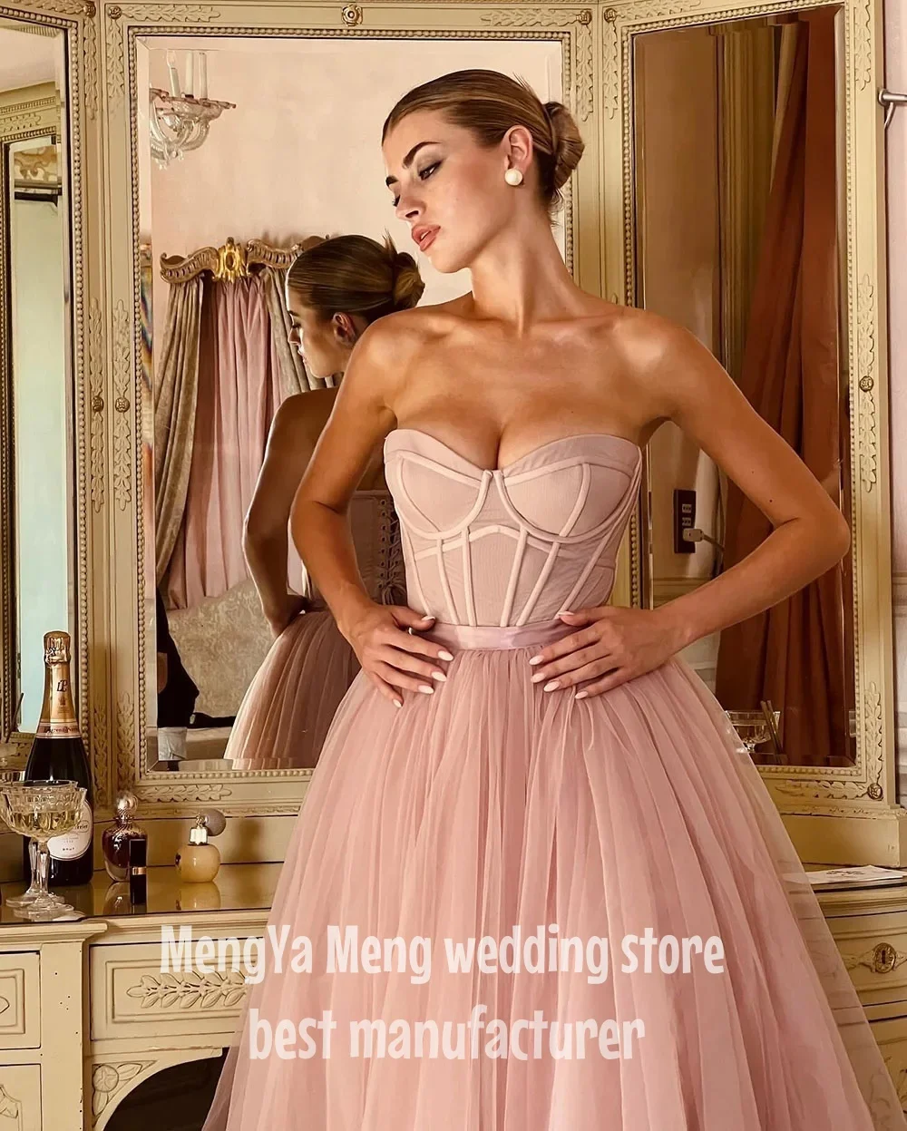 ZHUISHU 우아한 핑크 Tulle 댄스 파티 드레스 Strapless a 라인 이브닝 드레스 Sweetheart 민소매 차 길이 공식 가운 맞춤형