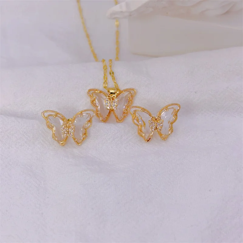 Fashion European and American Cute Micro-inlaid Butterfly Necklace Earrings Set Classic Light Luxury Transparent Stainless Steel