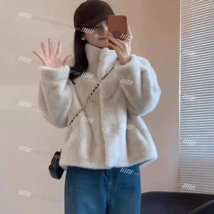 Winter Fur Integrated Fur Velvet Stand-up Collar Wool Coat Women's Young Leather Short Model
