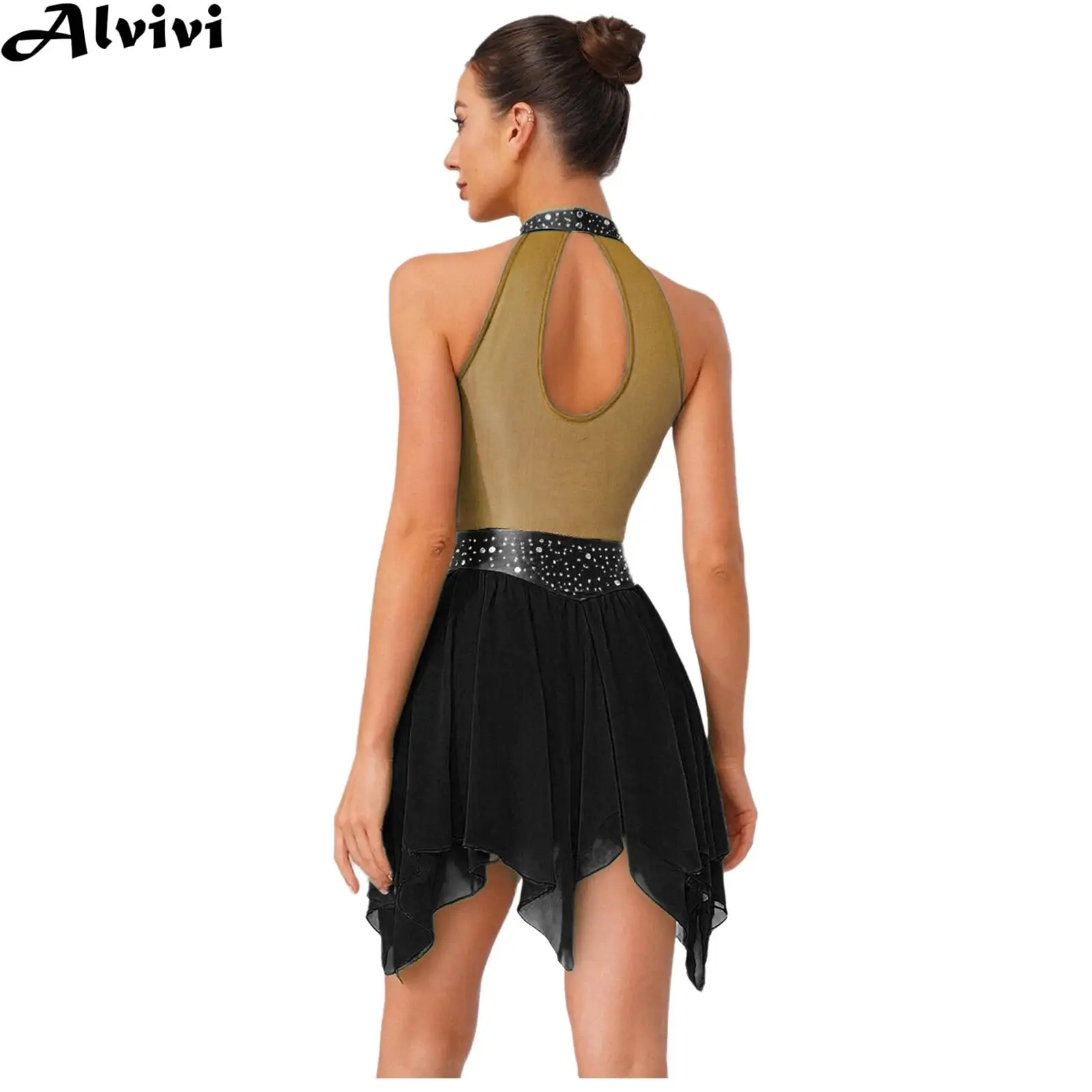 Women Sleeveless Shiny Rhinestone Metallic Mesh Lyrical Dance Leotard Dress Modern Dancing Figure Skating Performance Dancewear