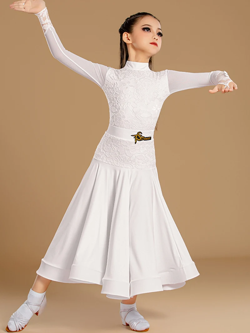 Body de malla de manga larga para niñas y faldas de espina de pescado, vestido de práctica de competición latino moderno profesional de tres piezas