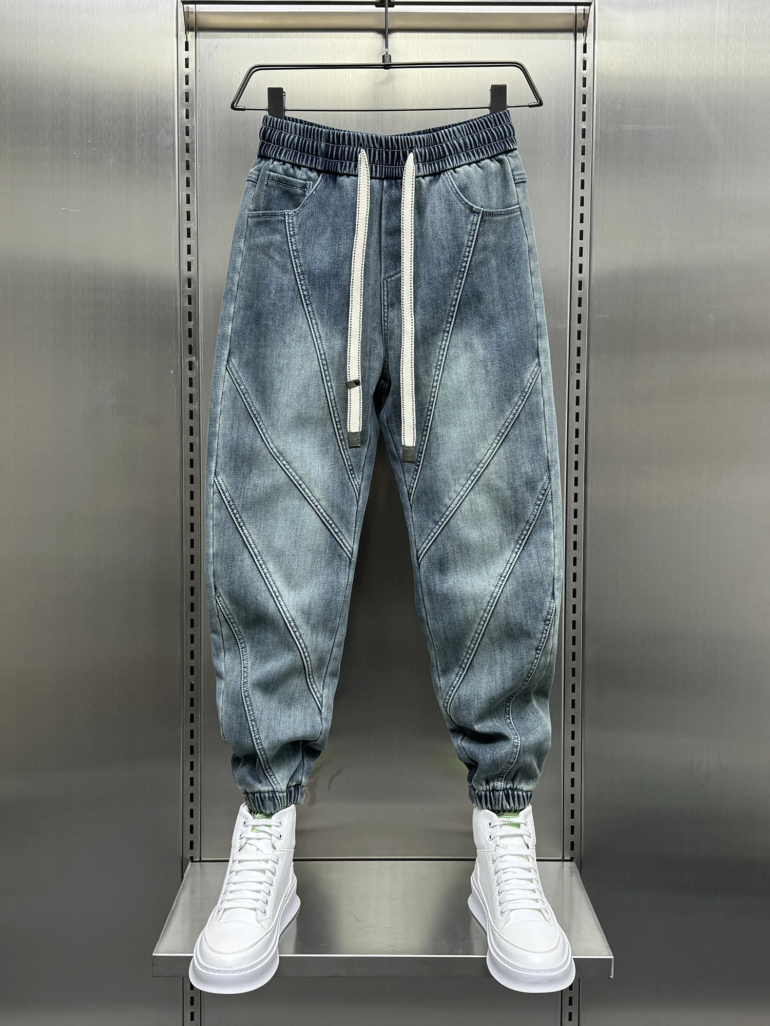 

Trendy Fleece Lined Men's Jeans Spring Autumn Korean Style Vintage Blue Washed Cotton Elastic Waist Slim Fit Pants