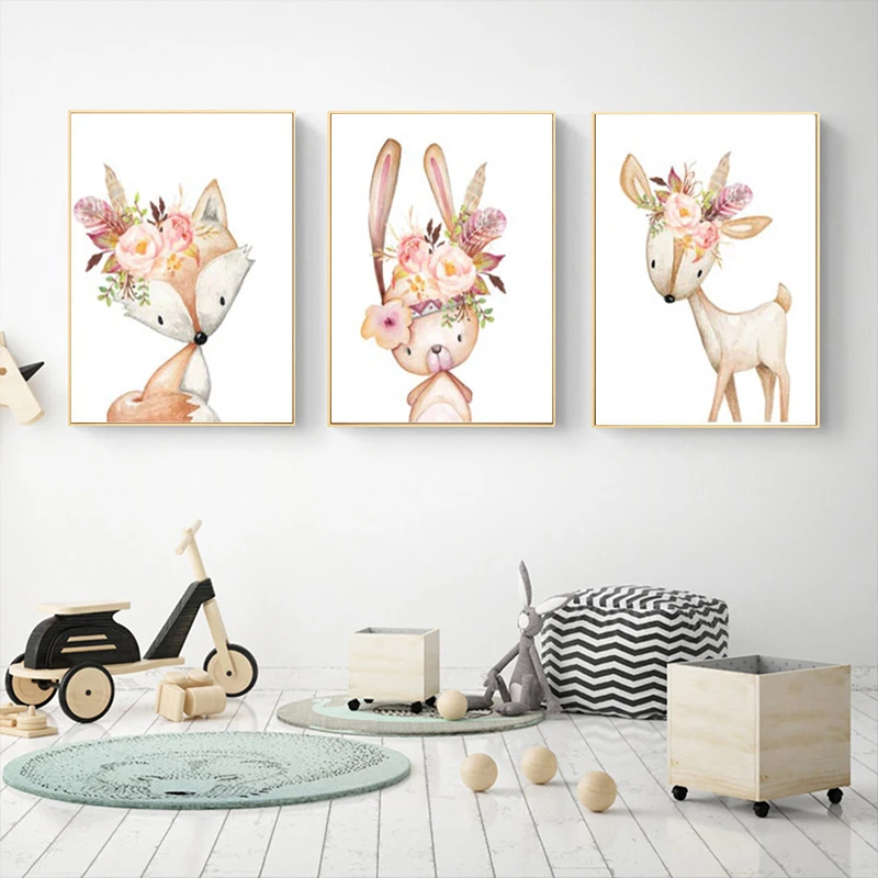 Baby Girl Gift Nursery Decoration Woodland Animals Posters Print Watercolor Flowers Animal Canvas Painting Wall Pictures