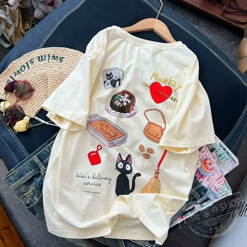 تي شيرت ياباني كانجي مطبوع عليه رسوم كرتونية لطيفة Y2K تي شيرت صيفي قصير الأكمام برقبة دائرية من القطن تي شيرت بأكمام قصيرة ملابس كاواي فضفاضة للمراهقين #3