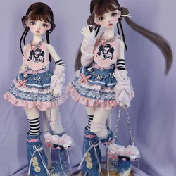 BJD doll clothes for 1/4 1/5 1/6 size cute doll clothes suspenders multi-layer denim skirt bone bag doll accessories