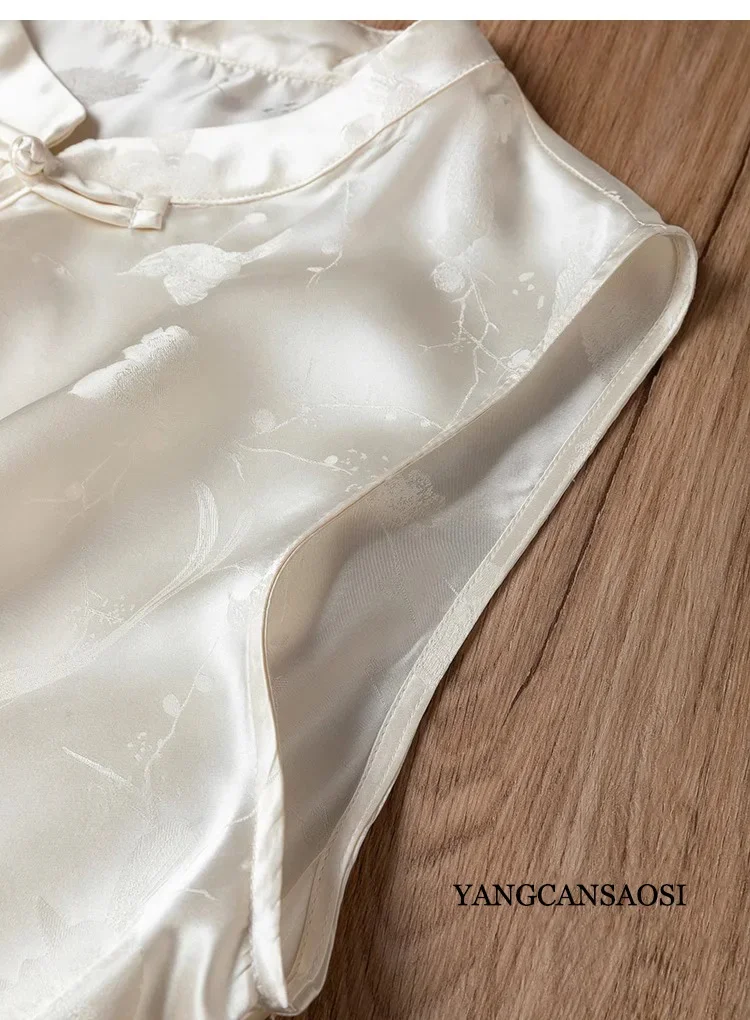 Women's Fashion Clothing 100% Natural Mulberry Silk Jacquard Satin Elongated White Temperament Vest Button Up Dress