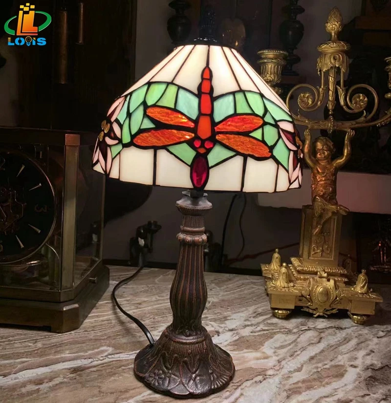 20CM Nordic Red Dragonfly Small Desk Lamps Tiffany Style Hotel Restaurant Bar Stained Glass Decoration Christmas Gift Metal Base