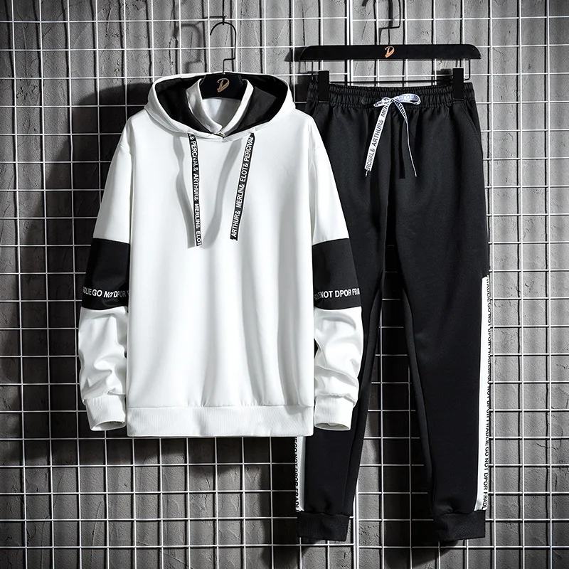 

Mens Autumn Fleece Hoodie 2 Piece Set Korean Style Slim Fit 7 8 Length Jogger Pants