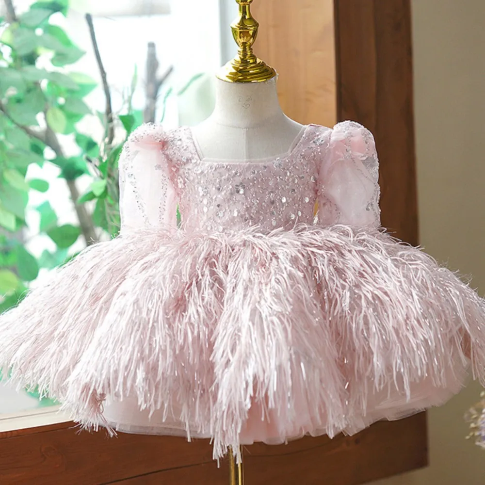 Pink sequin tassel fluffy dress evening dress girl's princess children's  party dress for kids girl