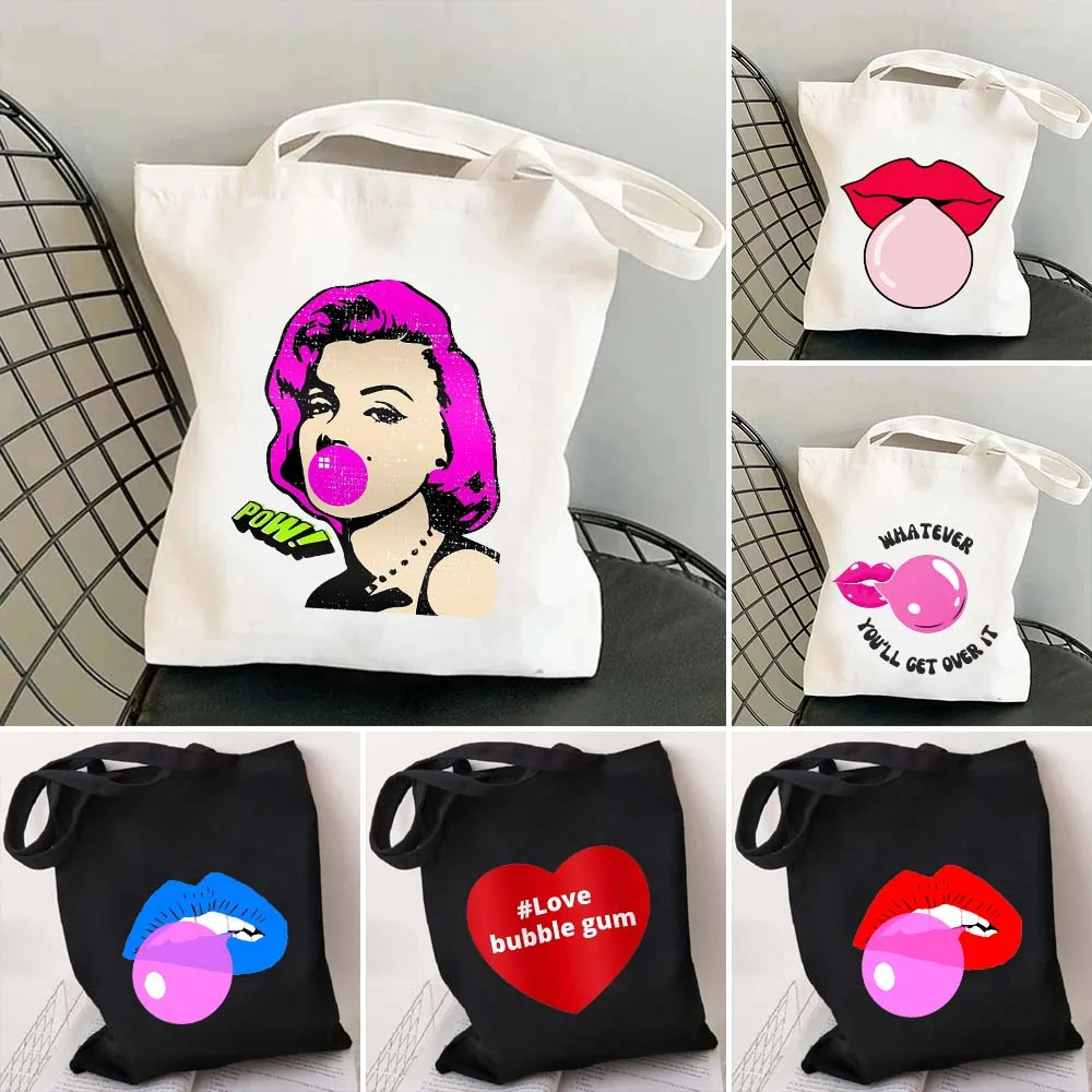 Gumball Red Lips Mouth Bubblegum Bubble Gum Love Heart Wink Girl Women's Canvas Shoulder Totes Bag Cotton Shopping Beach Handbag