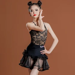 Lolita Bambini Allenamento di danza latina Spettacolo teatrale Ragazze Maglia Backless Costume Chacha Samba Pratica Abbigliamento Dancewear