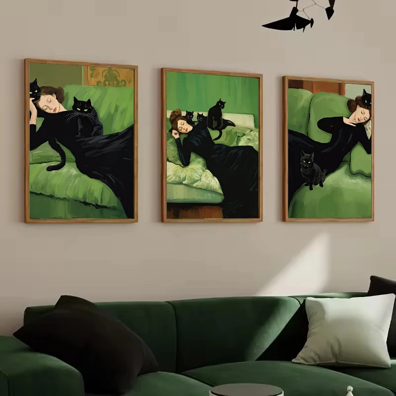 Vintage Decadent Young Woman After The Dance with Cats Poster Prints Abstract Canvas Painting Wall Art Picture for Home 