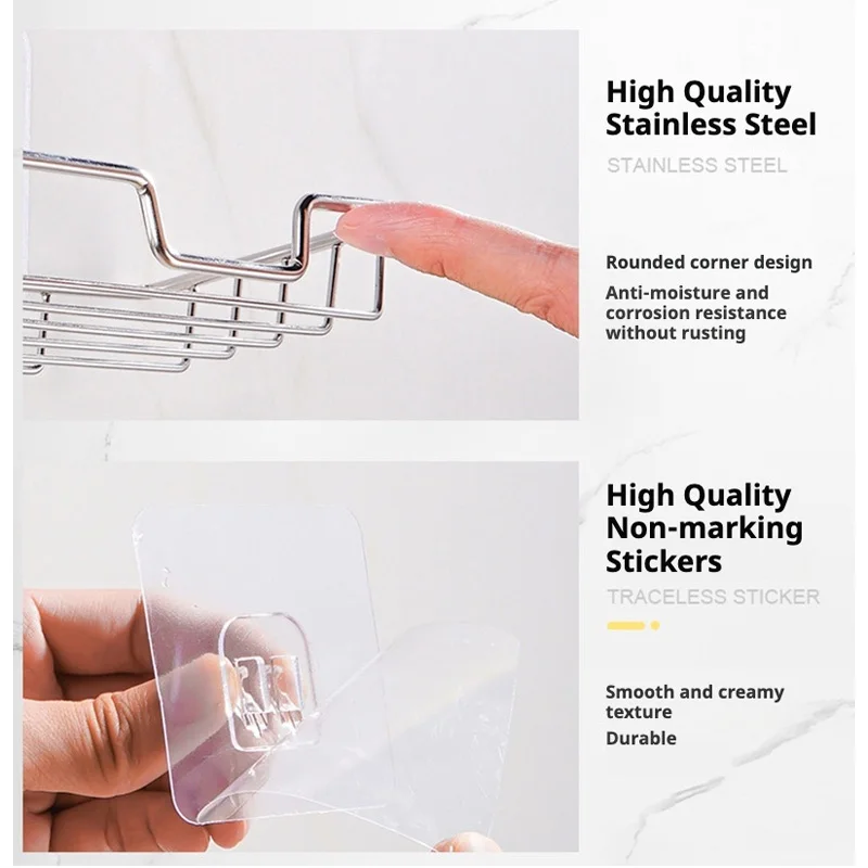 Stainless Steel Bathroom Soap Holder Wall Mounted No Drilling Kitchen Sponge Tray Holder Organizer Sticky Shower Soap Dish Rack