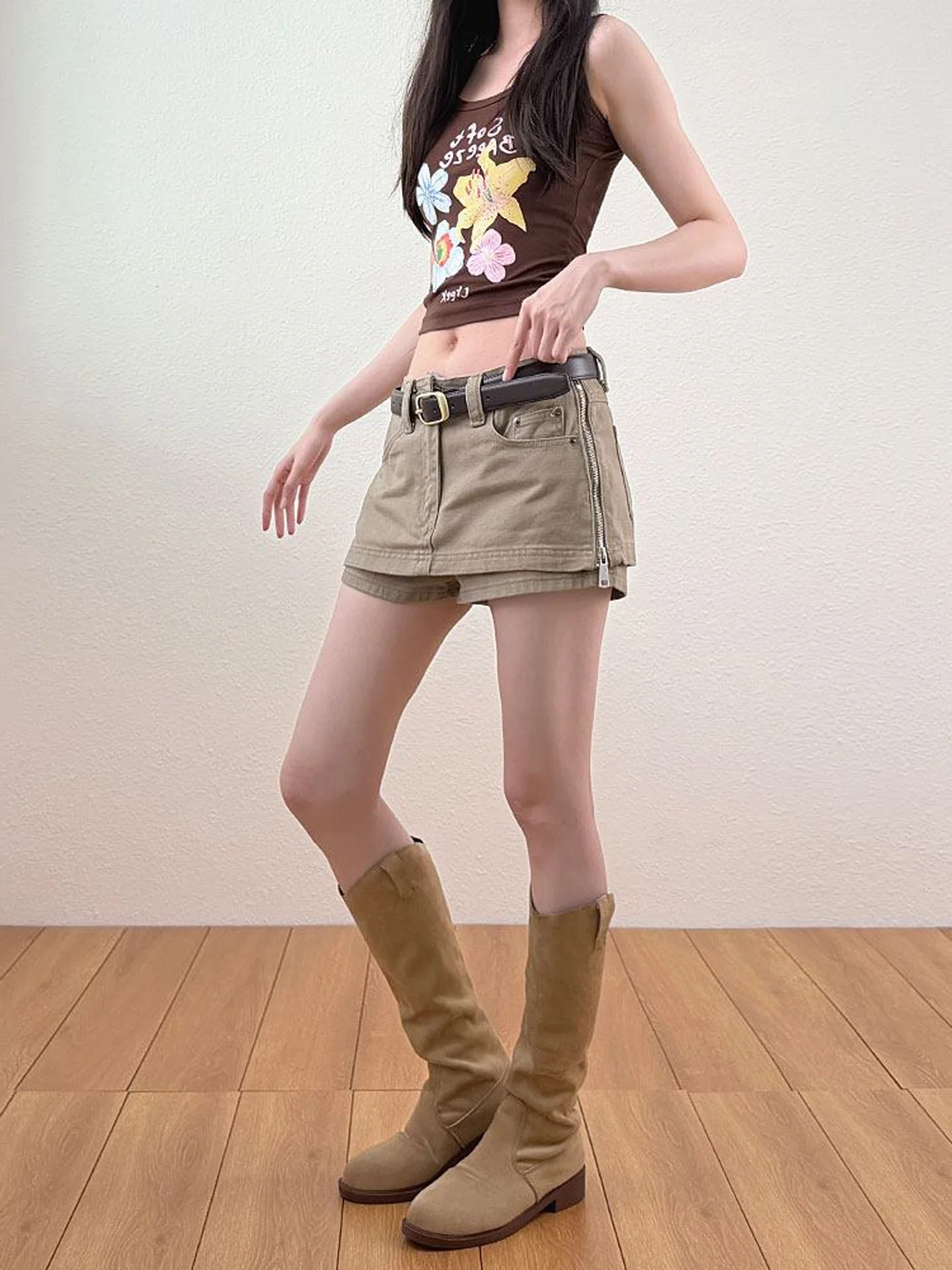 American Retro Khaki Denim Short Skirt Women's Low Waist Workwear Design Sensation Anti-Light Semi-Body Skirt