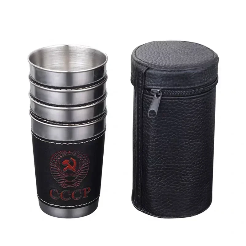 

4pcs Vodka Cup 304 PU Holster Russia Stainless Steel Mini Wine Tumbler Portable Personalized 30ml Shot Glass Set Outdoor Product