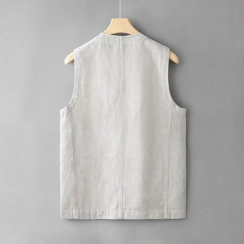 Casual Men Loose Linen Cotton Vest Japanese Retro Sold Color Multiple Pockets Workwear Sleeveless Top V-neck For Male