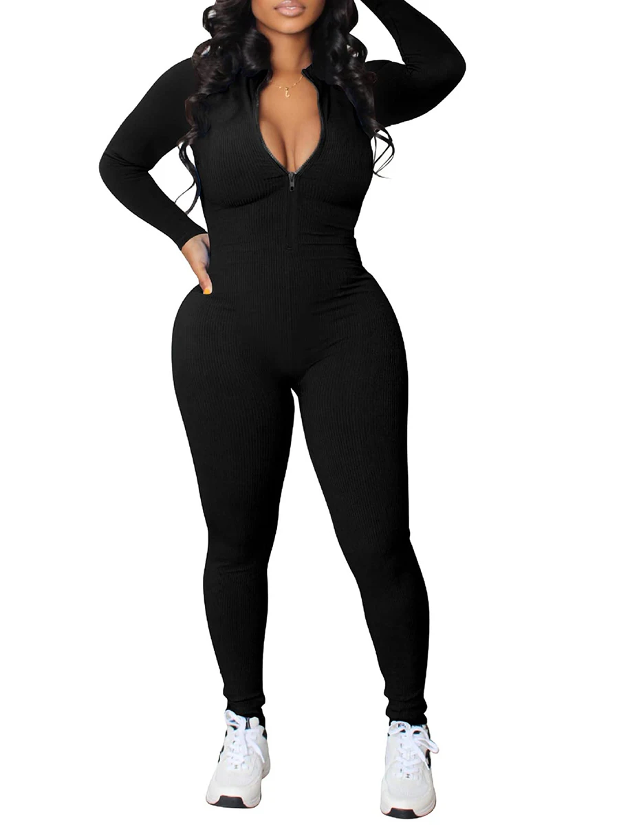 

Women Bodycon Jumpsuit Ribbed Knit Yoga Long Sleeve Zipper Up Workout Fitness Romper