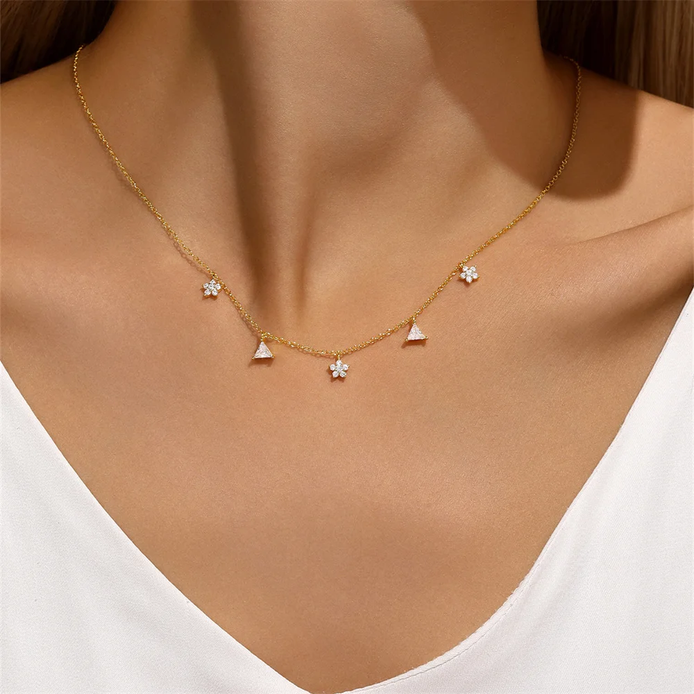 روكسي 925 فضة زهرة/مثلث/القلب كريستال قلادة قلادة للنساء الذهب اللون سلسلة الترقوة مجوهرات الحفلات
