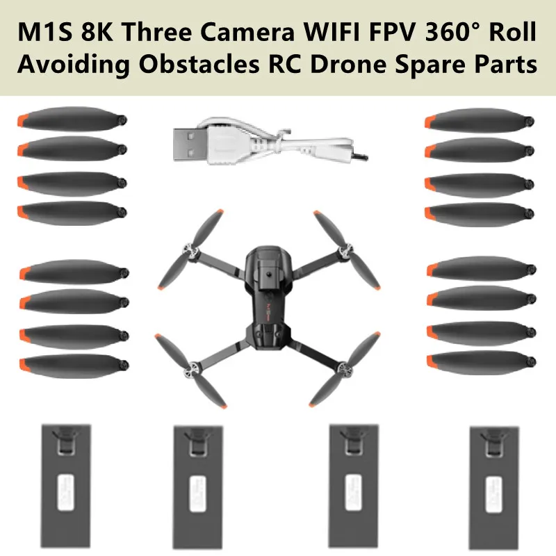M1S 8K Three Camera WIFI FPV 360°Roll Avoiding Obstacles RC Remote Control Drone Spare Parts 3.7V 1800Mah Battery/Propeller/USB