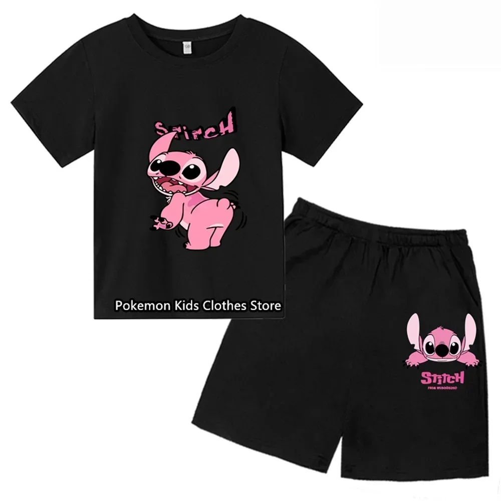 Summer Fashion T-shirt Cute Stitch Children's Two-piece T-shirt Set Round Neck Casual Short Sleeve Boy Short Sleeve Shorts