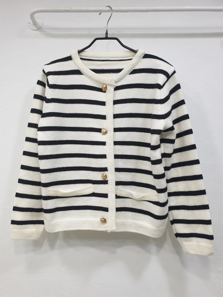 Autumn Winter Woman Korean Fashion Striped Cardigan Single-breasted Sweater Vintage Knitwear Old Money Outwear Aesthetic Elegant