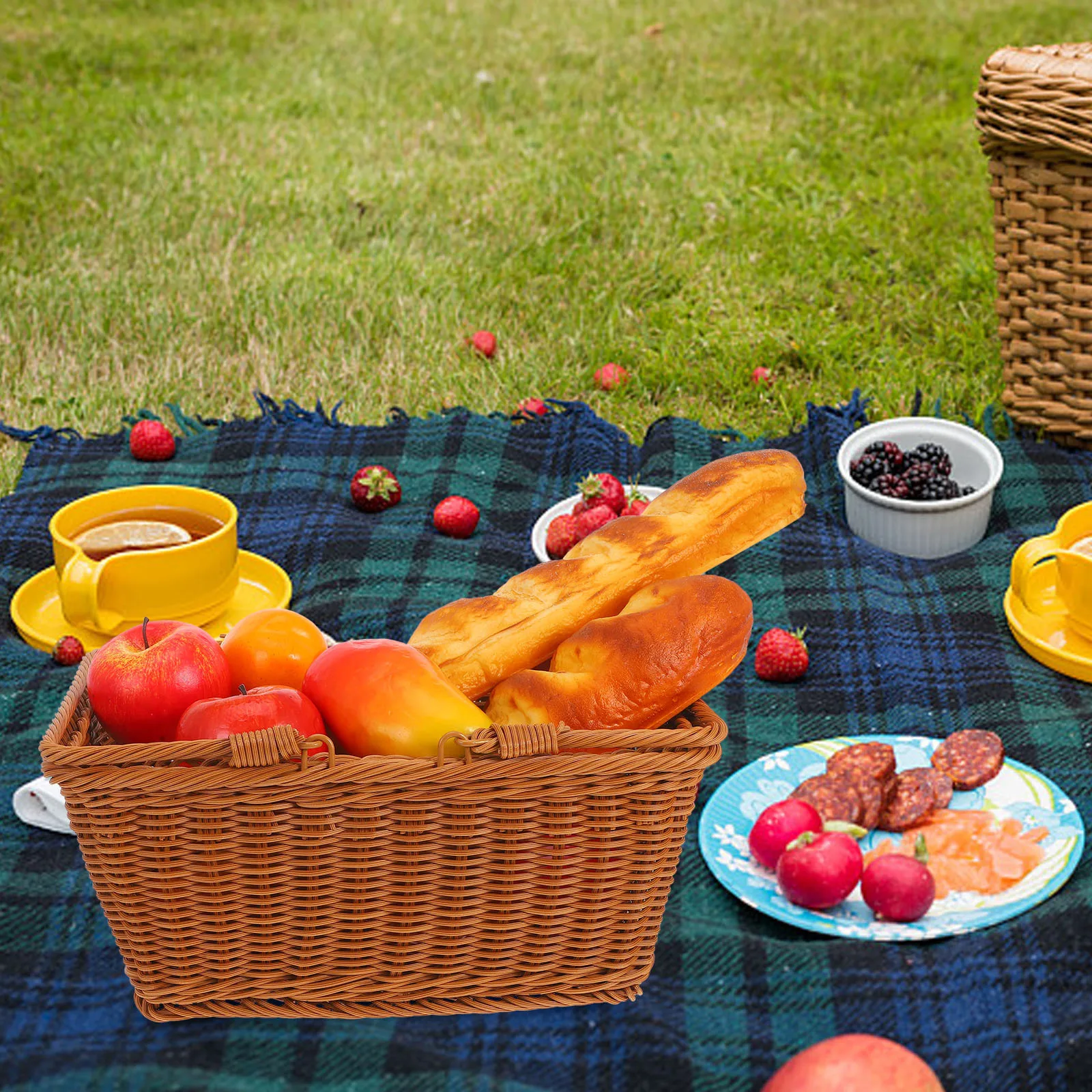 

Simulation Rattan Woven Basket Large Capacity Reusable Picnic Fruit Bread Storage Basket Portable Durable Handwoven Vegetable