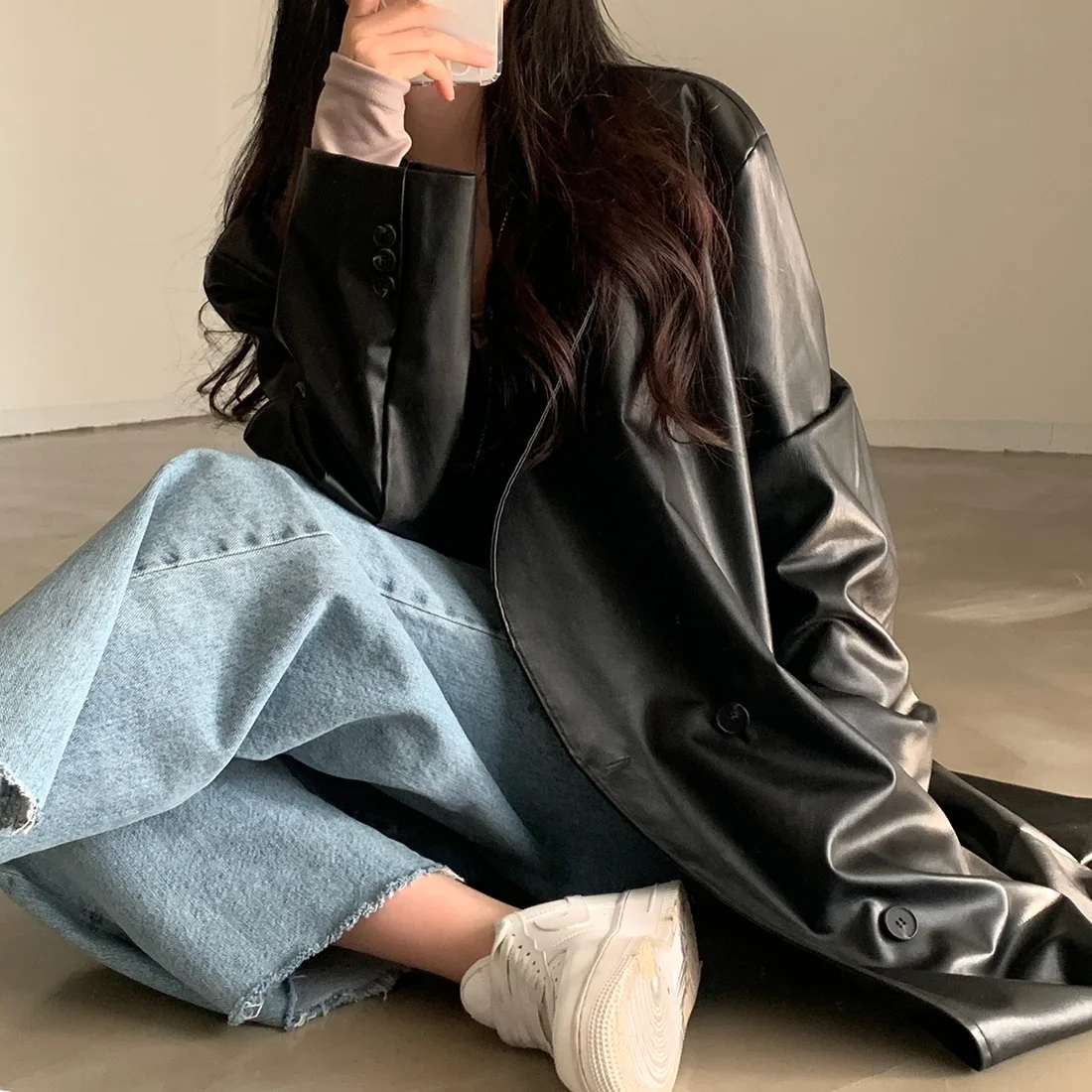 Korean Style Long PU Leather Jacket Double Breasted Lapel over Knee Shape Loose Motorcycle Coat Women's Commute Fashion