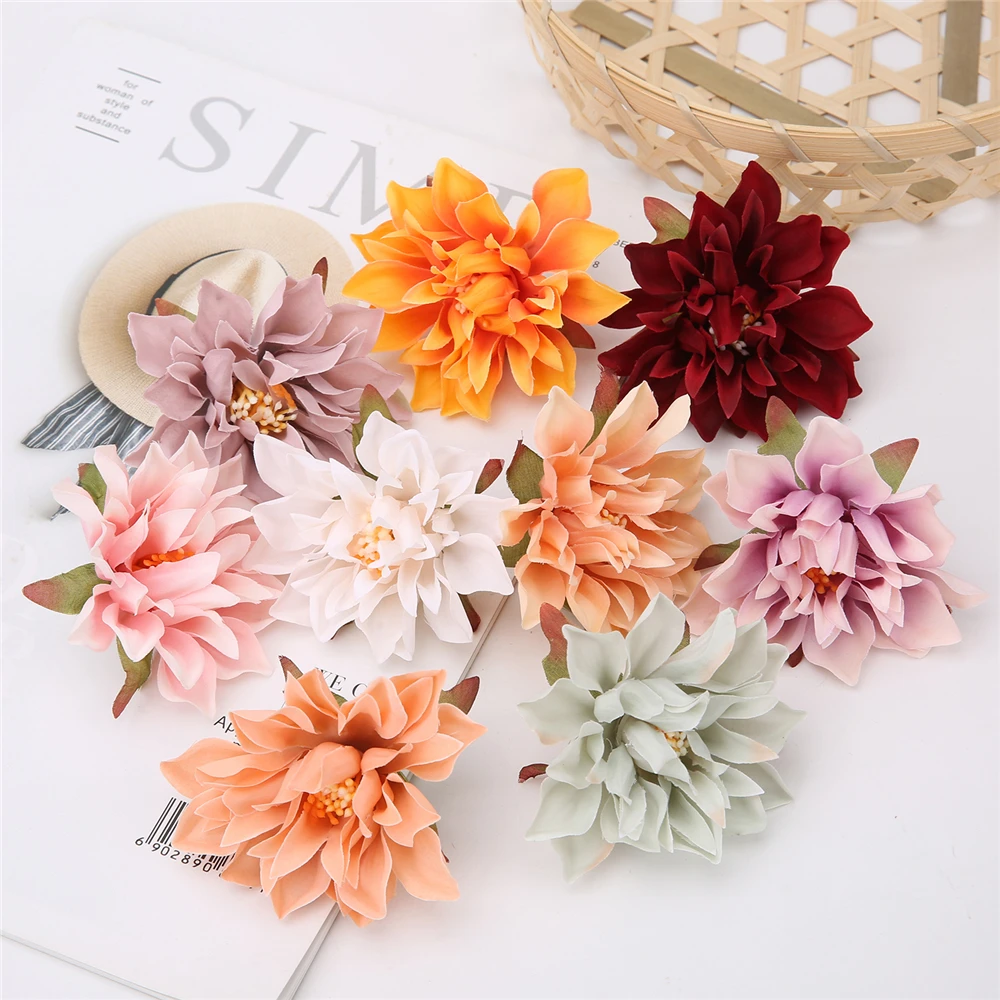 10Pcs Dahlia Flower Heads Artificial Flower For Home Decor Fake Flowers Wedding Party Wreath Silk Dahlia Crafts Gift Accessories