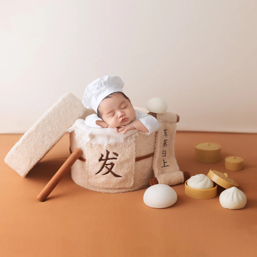 Professional Newborn Photography Props Cute Baby Chef Outfit Creative Food Theme Simulation Buns Props for Baby Milestone Photos