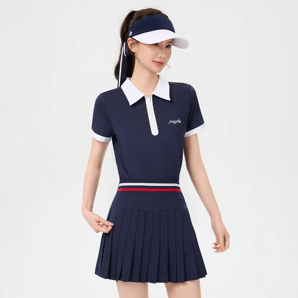 Niefle Short Sleeve Polo Collar Shirt Women Retro Pleated Skirt Zipper Neck Quick-dry Tennis Tops Summer Slim Golf Skorts