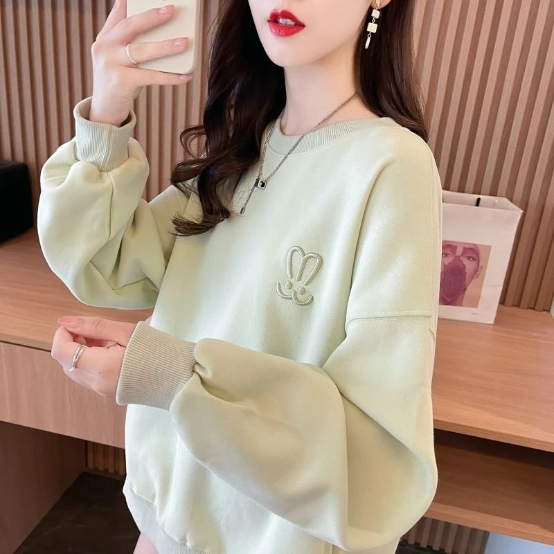 Womens Thin Round Collar Sweatshirt Loose Fit Versatile Chic Outerwear Spring Fall
