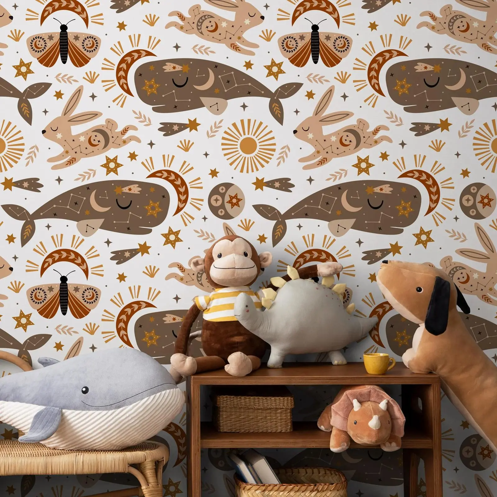Mystique Celestial Wallpaper Peel and Stick, Rabbit and Whale Wall Mural,Whimsical Nursery Home Decor,Self-adhesive Or Tradition