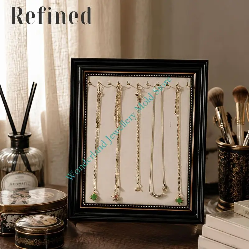 Picture Frame Necklace Display Stand with 11 Top-Row Hooks and a Light Textured Panel for Individually Arranged Tabletop Decor
