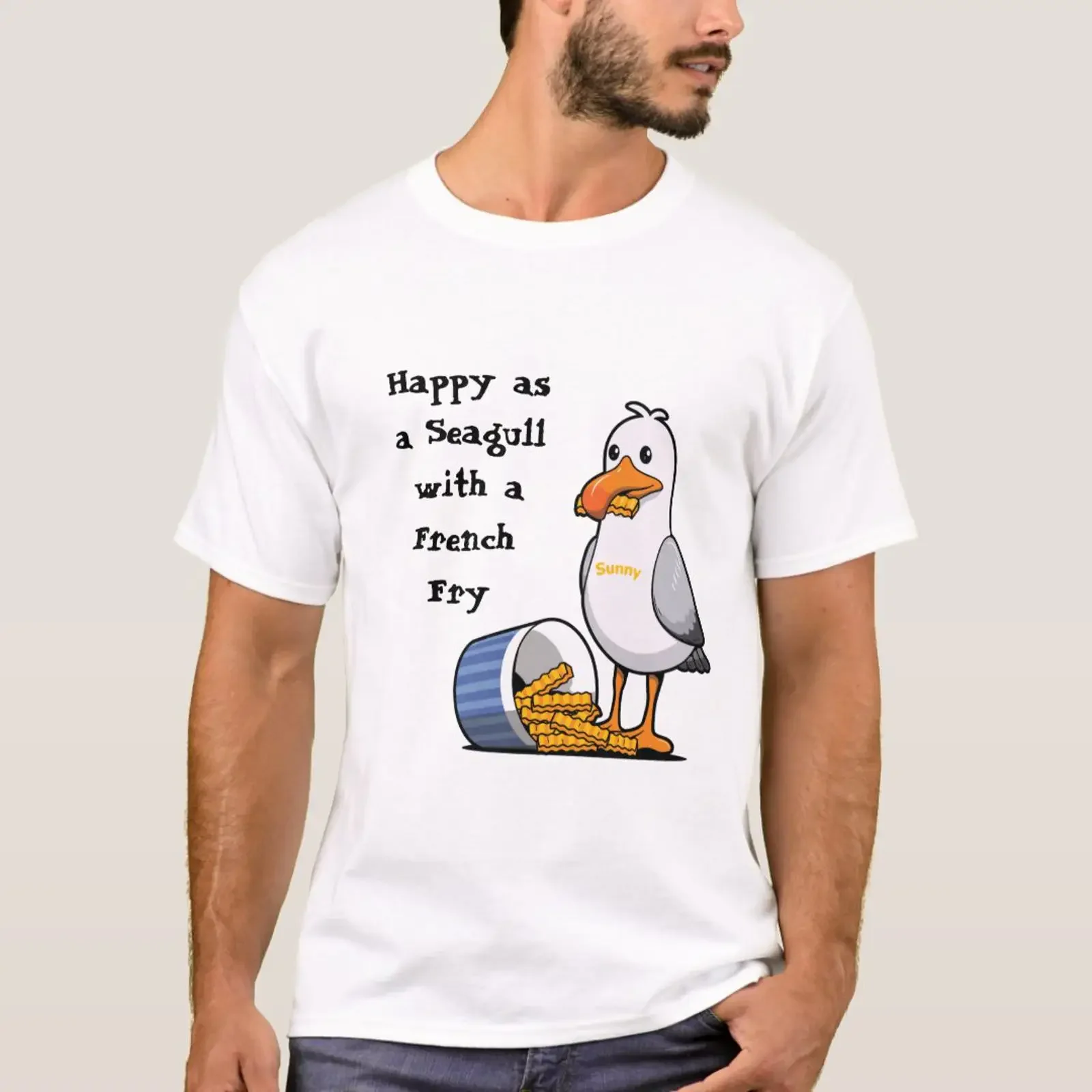 Sunny Seagull with French fries Wildwood Boardwalk T Shirt vintage Washed Stylish Breathable Casual streetwear Stretched
