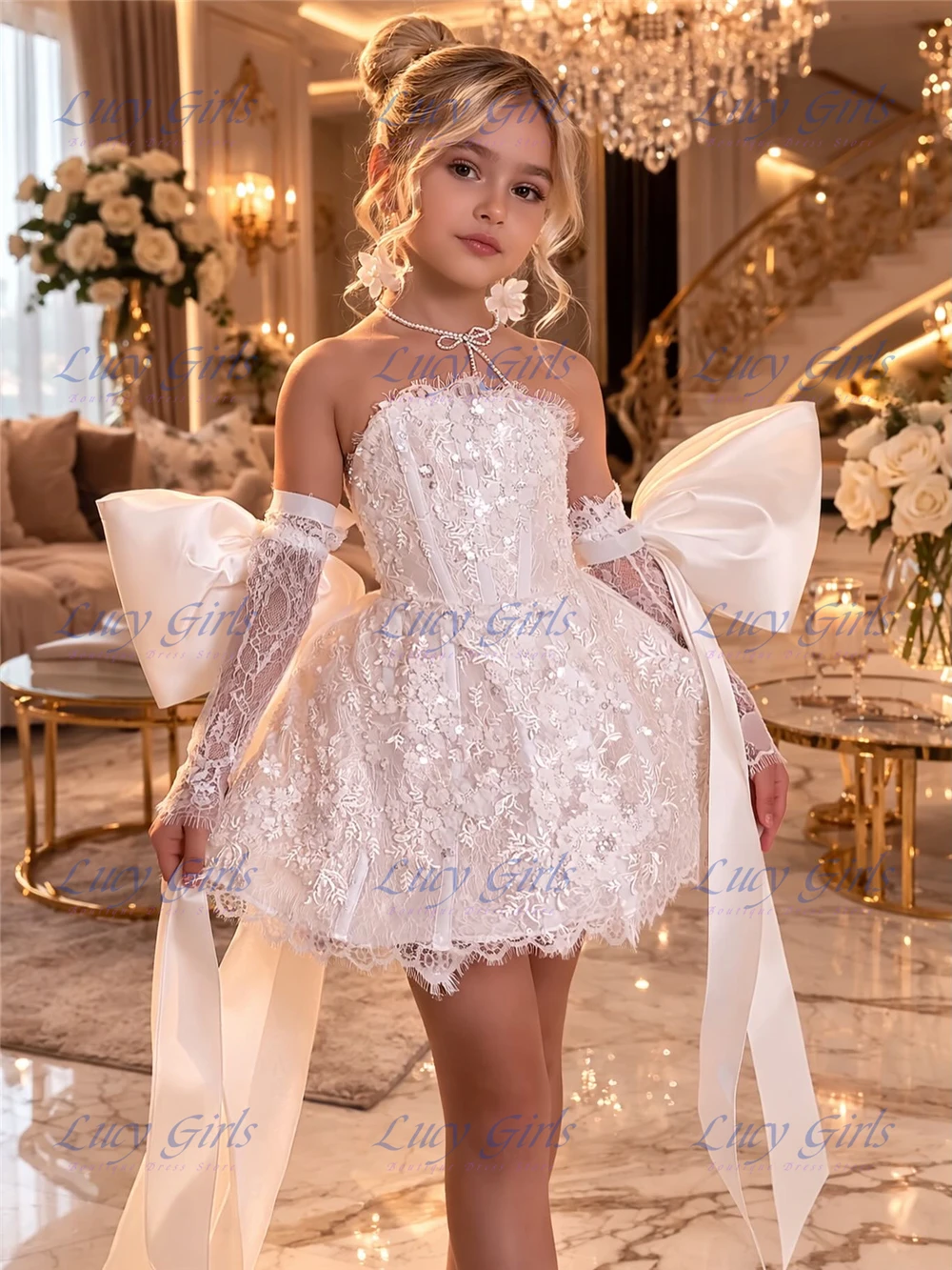 Quality Flower Girl Dress Lace with Satin Fluffy for Little Princess Wedding Birthday Ruffles Evening Ball Celebrity Gowns