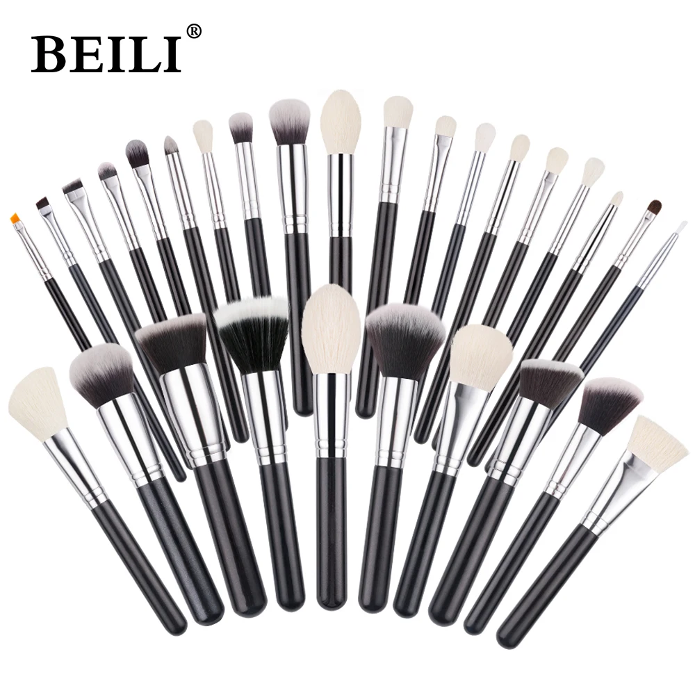 BEILI Black Professional Goat Hair Makeup Brush Powder Foundation Contour Concealer  Eyes Blending 15/25/30Pcs Makeup Brush Set