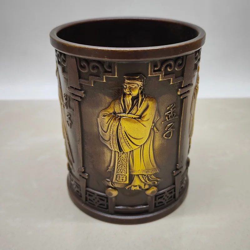 Antique Pen Holder with Confucius and Mencius Figures, Home Decor Classical Bronze Craft