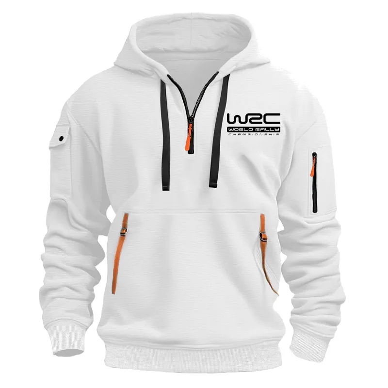 سويت شيرت بقلنسوة للرجال بسحاب متعدد الجيوب، قميص علوي بطولة العالم، طباعة رالي، قطن كاجوال، فضفاض كبير الحجم